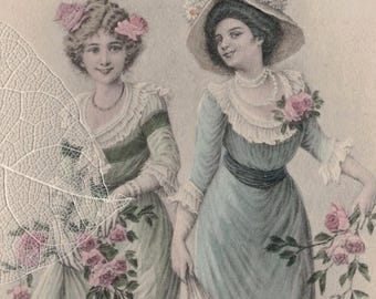 Pre 1910 Two Lovely Ladies with Flowers JAPANESE Message on Reverse