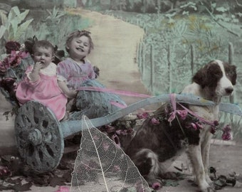 1906 Tiny Children in Blue Cart Pulled by Dog Antique Postcard (See Condition Please)