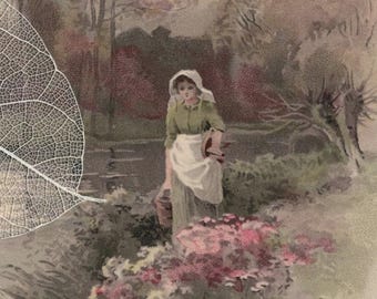 Unused Pre 1910 Meissner & Buch "AT HOME and OUTDOORS" Young Woman Walking in Flower Meadow