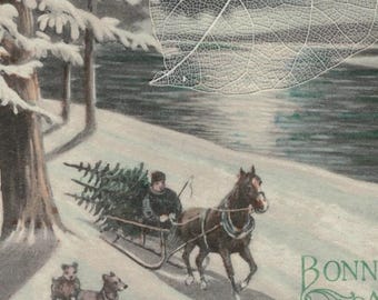 1915 Bringing Home The Tree Antique CHRISTMAS Postcard