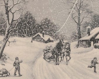 1911 Idyllic Snow Covered Country Scene with Falling Snowflakes Antique New Year Postcard