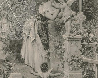 Antique Postcard: Hans Zatzka "Bridge Toll" Young Woman Kissing Cupid Angel (Unused)