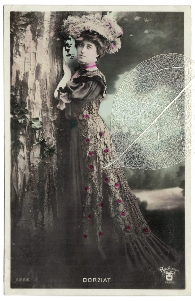 May include: Vintage postcard featuring a woman in an elaborate dress and feathered hat, leaning against a tree. The dress is adorned with floral accents. A large leaf overlay adds a delicate touch to the image.