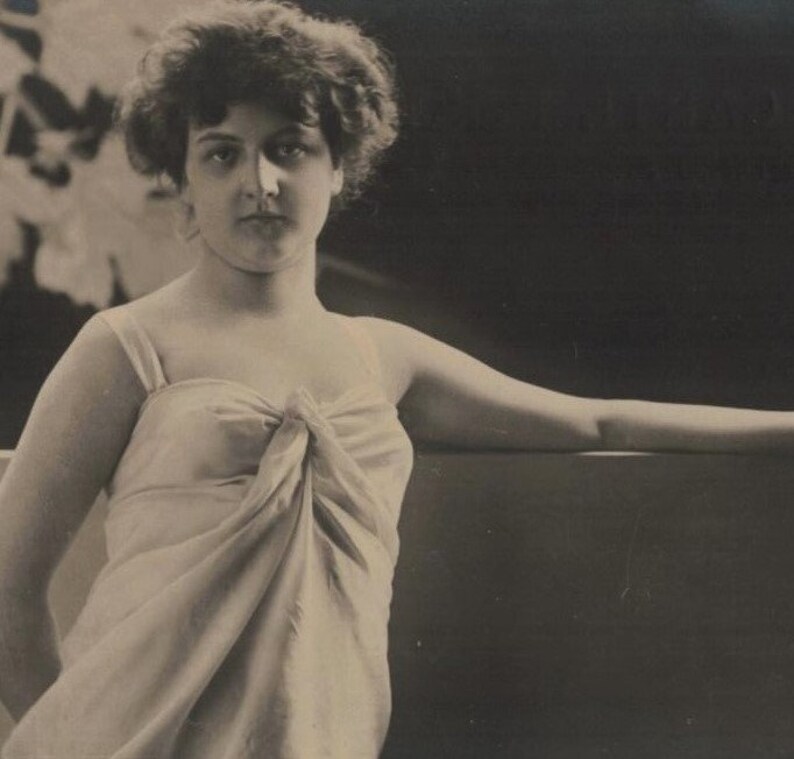 Pre 1905 Art Nouveau Style Young Lady Posed by Wall Antique German Photo Postcard