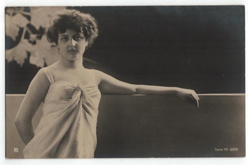 Pre 1905 Art Nouveau Style Young Lady Posed by Wall Antique German Photo Postcard