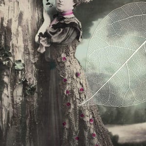 May include: Vintage black and white photograph of a woman in an elaborate dress and hat, leaning against a tree. The dress is adorned with floral accents. A large leaf is superimposed on the image.