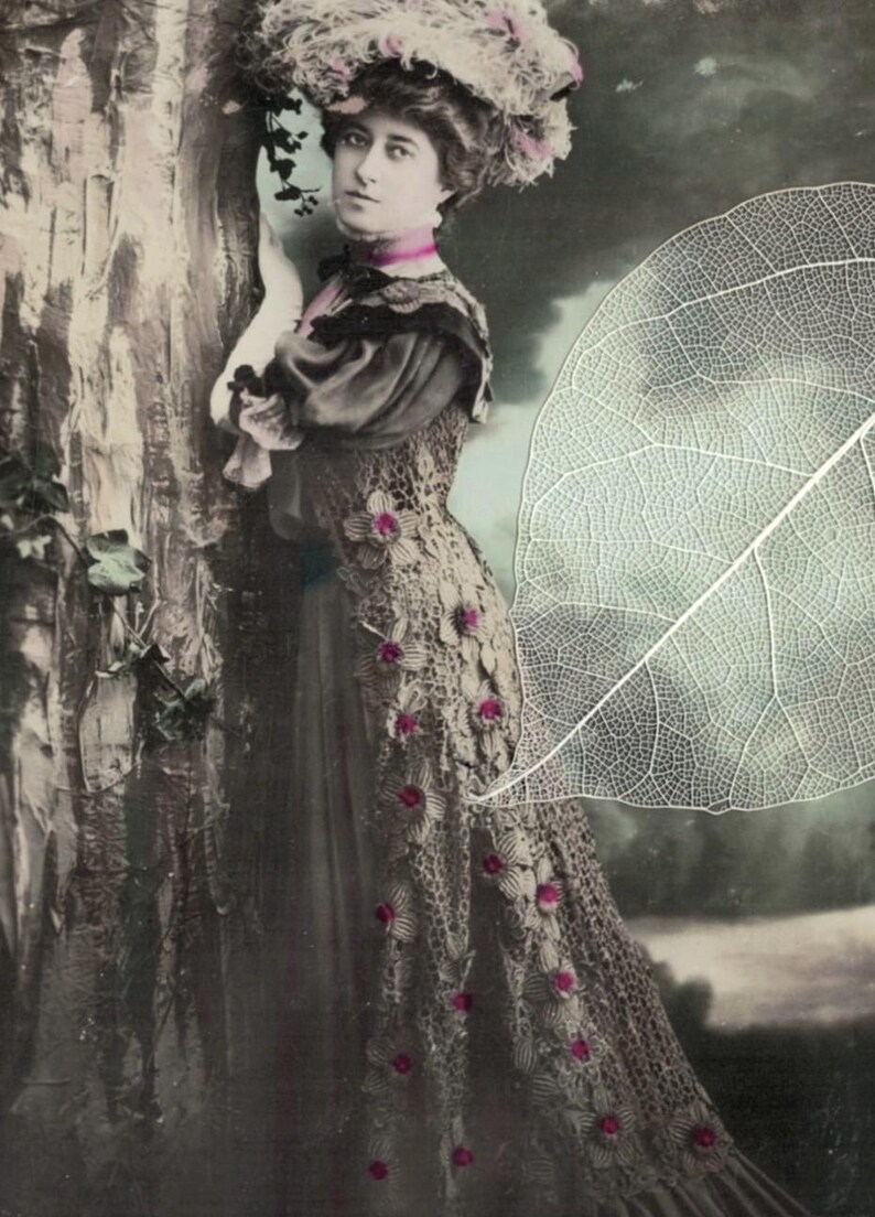May include: Vintage black and white photograph of a woman in an elaborate dress and hat, leaning against a tree. The dress is adorned with floral accents. A large leaf is superimposed on the image.