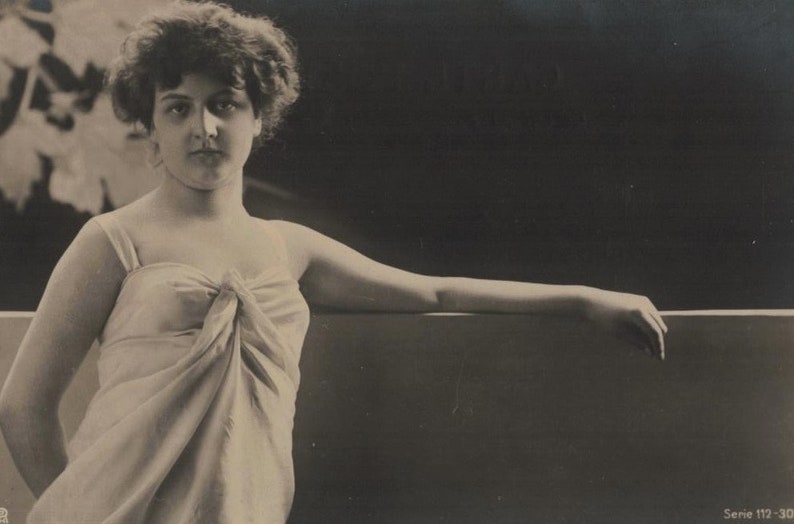 Pre 1905 Art Nouveau Style Young Lady Posed by Wall Antique German Photo Postcard