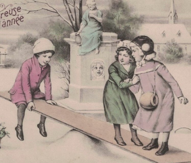 1918 Group of Children Playing on Teetertotter in Snowy Winter