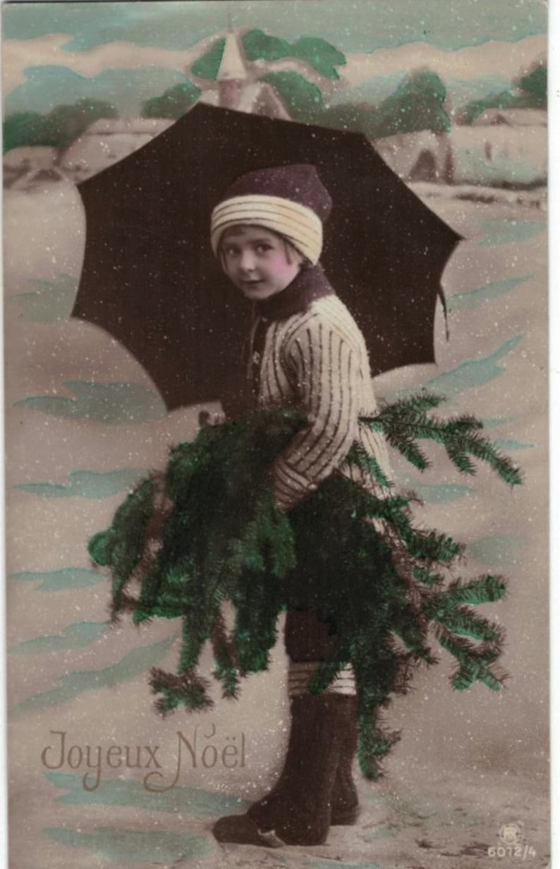 Mailed 1923 Sweet Edwardian Child with Evergreens and Snowflakes Antique French Postcard