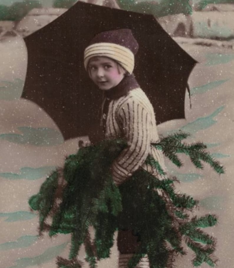Mailed 1923 Sweet Edwardian Child with Evergreens and Snowflakes Antique French Postcard