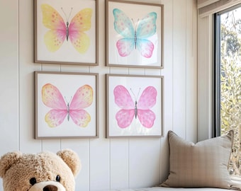 Watercolor Butterfly Nursery Wall Art Set of 4 I Blush Pink & Blue Butterfly Prints I Baby Girl Room Art