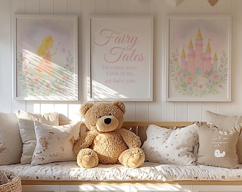 Prinzessin Schloss Kinderzimmer Wand Kunst 3er-Set - Aquarell Märchen Prints für Mädchenzimmer