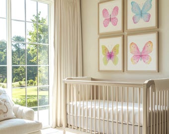 Juego de 4 piezas de arte de pared con mariposas en acuarela: decoración botánica para habitación de niña
