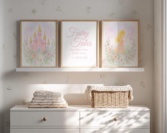 Prinzessinnenschloss Aquarell Kinderzimmer Drucke - Märchenhaftes Mädchenzimmer 3-teiliges Wandset