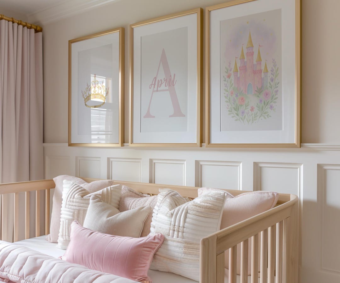 Personalized Princess Nursery Wall Art – Castle Crown Watercolor Prints ...