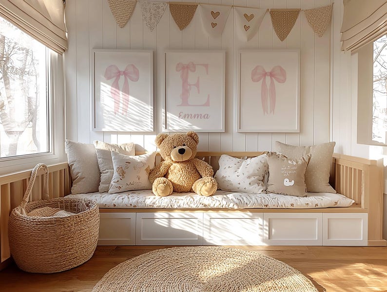 Personalized Baby Girl Nursery Wall Art, Pink Bow Decor (digital ...