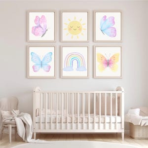 Soft Pastel Nursery Wall Art Set of 6 - Rainbow Butterfly Sunshine Watercolor Prints, Girl Room Decor, Digital Download Printable Bundle