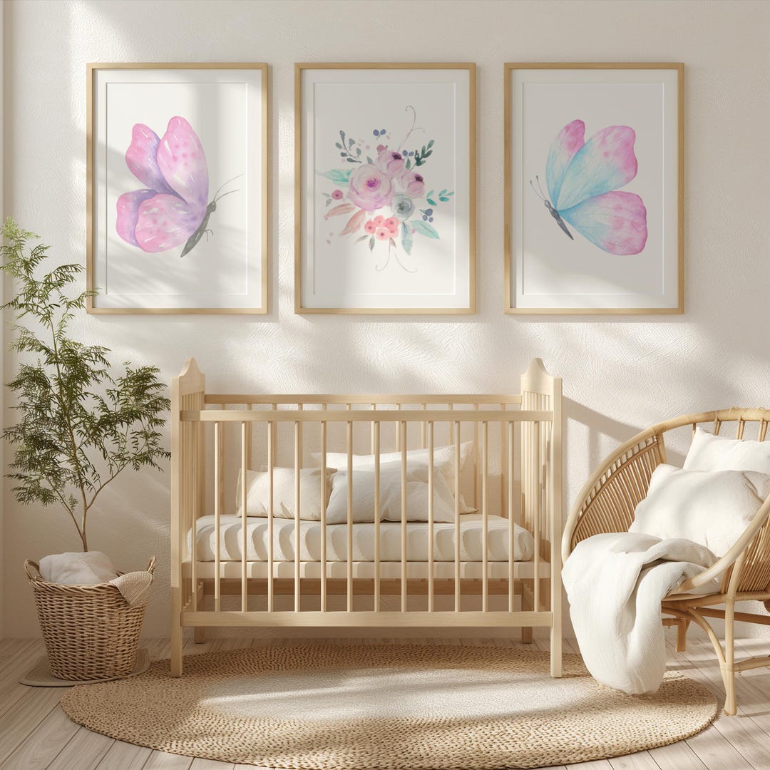 Watercolor Butterfly Wildflower 3-piece Wall Art I Blush Pink & Blue ...