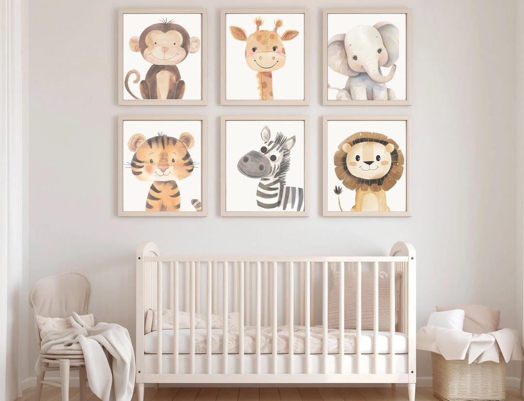 Neutral Safari Animal Nursery 6-piece Wall Art Set: Watercolor Jungle ...