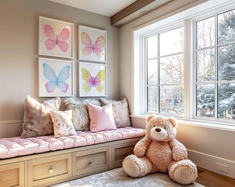Blush Pink Butterfly Nursery Wall Art 4-Piece Set - Watercolor Botanical Prints
