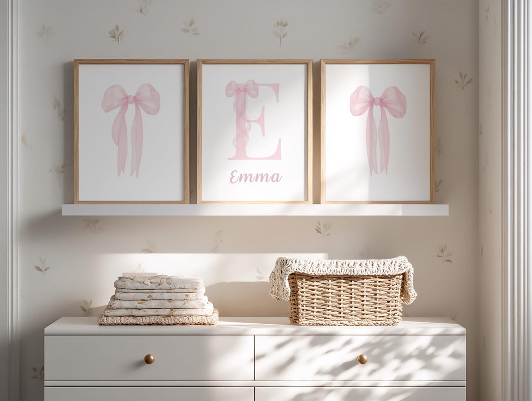Personalized Baby Girl Nursery Decor, Pink Bow Watercolor Prints ...