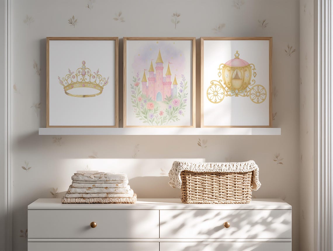 Fairytale Princess Wall Art Set - Girl Room Castle Watercolor Prints ...