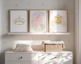 Watercolor Princess Nursery Art: Whimsical Girl Room Castle Watercolor Prints ( 3-Piece Fairytale Decor)
