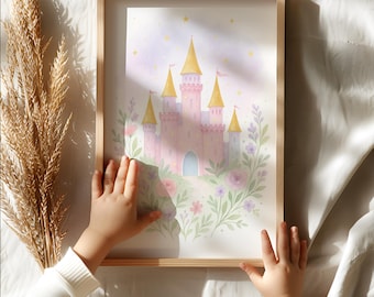 Baby Mädchen Prinzessin Schloss Kinderzimmer Wandkunst - Aquarell Märchenstoff für Mädchenzimmer