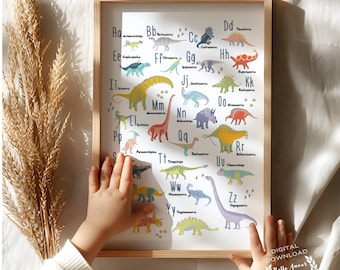 Watercolor Alphabet Nursery Wall Art - Colorful Dinosaur ABC Print for Kids Room