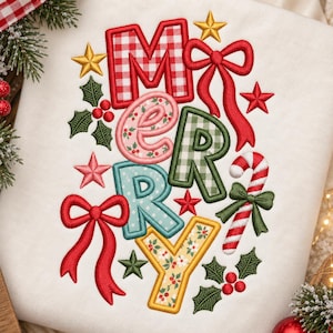 May include: An off-white fabric featuring an embroidered design of the word MERRY in colorful, patterned letters. The M is red gingham, E is pink floral, R is green gingham, R is light blue polka dot, and Y is yellow floral, accented by red bows, stars, and a candy cane.