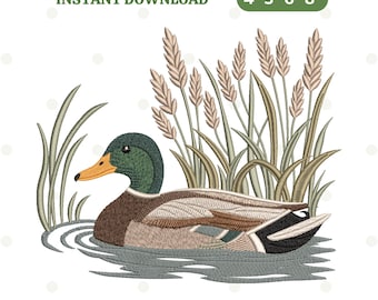 May include: An embroidery design featuring a mallard duck swimming in water with tall reeds in the background. The text reads INSTANT DOWNLOAD and 4" 5" 6" 8" with file formats DST, PES, VP3, EXP, and JEF listed at the bottom of the image.