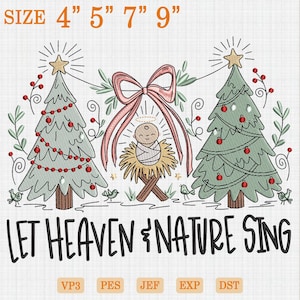 Hemel en natuur zingen borduurontwerp, grillige kerststal boog bomen borduurbestand, christelijk kerststalborduurwerk, christelijk