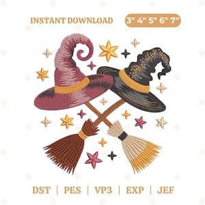 Witch Hat Broom Embroidery Design, Witch Broom Embroidery Designs, Witches Embroidery Design, Instant Download, Machine Embroidery Design