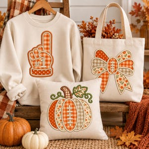 Fall Football Applique Embroidery Design Bundle, Patchwork Football Bow Pumpkin Foam Finger, Game Day Machine Embroidery, Instant Download