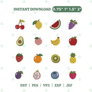 Puede incluir: Una colección de dieciséis diseños de frutas bordadas que incluyen cerezas, limón, sandía, uvas, aguacate, melocotón, plátano, manzana, fresa, naranja, kiwi, piña, ciruela, fruta del dragón, arándano y frambuesa, con tamaños de 0,75", 1", 1,5", 2".