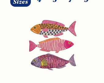 Bunte Fische Stickdatei, Trio gemusterte Fische Maschinenstickerei, Sommer Ozean Meer Leben, Leopard Print Stern Fisch, Instant Download