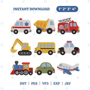 Mini Transportation Embroidery Bundle, Ambulance Fire Truck Police Car School Bus Airplane Train Instant Download