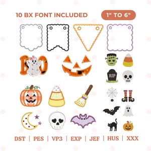 Pacchetto di ricami ITH per Halloween con font BX, bandierine a forma di fantasma, zucca, pipistrello e teschio, ghirlanda da ricamare direttamente nel telaio, download immediato.