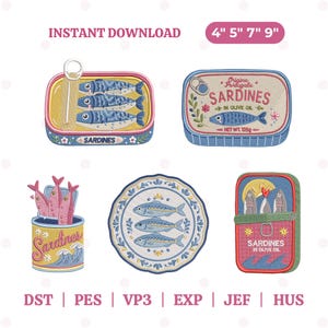 May include: Five embroidered sardine designs including open tins with fish, a round plate with three fish, and a closed tin labeled Sardines in Olive Oil. Text includes INSTANT DOWNLOAD, 4" 5" 7" 9", NET WT. 125g, and file formats DST, PES, VP3, EXP, JEF, HUS.