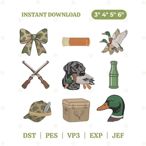 May include: A collection of nine embroidery designs featuring a camouflage bow, an orange shotgun shell, two flying ducks, crossed shotguns, a black dog holding a duck, a green bottle, a camouflage cap, a tan cooler with antlers, and a mallard duck head.