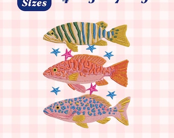 Preppy Fisch Stickerei, Weiblich Fischen Design, Bunt Maximalist Stickdatei, Sommerferien Stickerei, Lustig Strand, Sofort Download