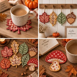 May include: A collection of fabric coasters and ornaments featuring embroidered autumn motifs including maple leaves, oak leaves, and mushrooms. The designs incorporate red, green, and brown patterns with gingham and polka dot details on textile surfaces.