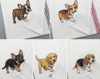 Bundle 5 Stück niedlichen spielenden Hund Küche Geschirrtuch Tier Maschinenstickerei Designs ITH In The Hoop, Hund Bündel ITH Geschirrtuch