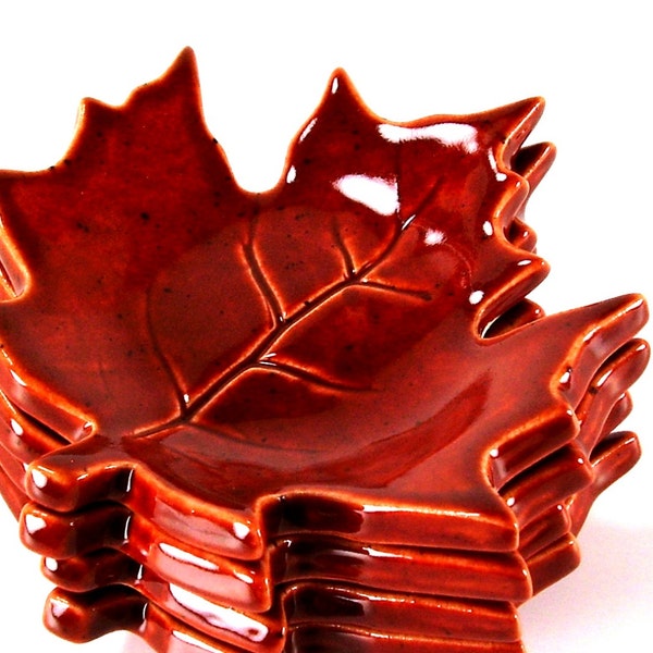 ceramic maple leaf dish spoon rest tea bag holder ring holder candle holder gift home decor handmade pottery Autumn Sunset Burnt Orange Rust