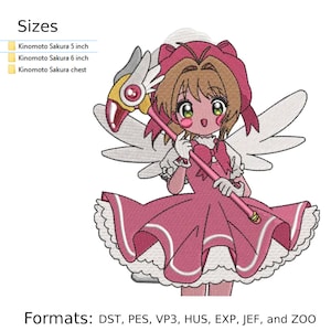 Può includere: Un ricamo di un personaggio anime con i capelli rosa e le ali, che tiene una bacchetta rosa con una stella gialla. Il personaggio indossa un vestito rosa con un bordo di pizzo bianco. Il ricamo è disponibile nelle dimensioni di 5 pollici, 6 pollici e petto. I formati includono DST, PES, VP3, HUS, EXP, JEF e ZOO.