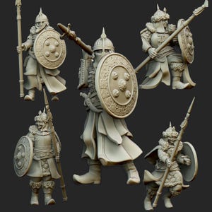 May include: Five miniature figurines of warriors wearing helmets and armour, holding spears and shields. The figures are painted in a light grey colour and have intricate details.