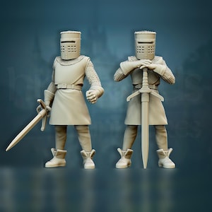 Puede incluir: Dos figuras de caballeros impresas en 3D que llevan armadura de malla y cascos con viseras. Los caballeros sostienen espadas y están en diferentes posturas.