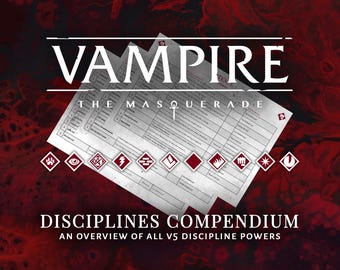 Może przedstawiać: Grafika w kolorze czerwonym i czarnym z tekstem "Vampire: The Masquerade" i "Disciplines Compendium: Przegląd wszystkich mocy dyscyplin V5". Grafika zawiera tabelę z wierszami i kolumnami oraz rząd ikon reprezentujących różne dyscypliny.