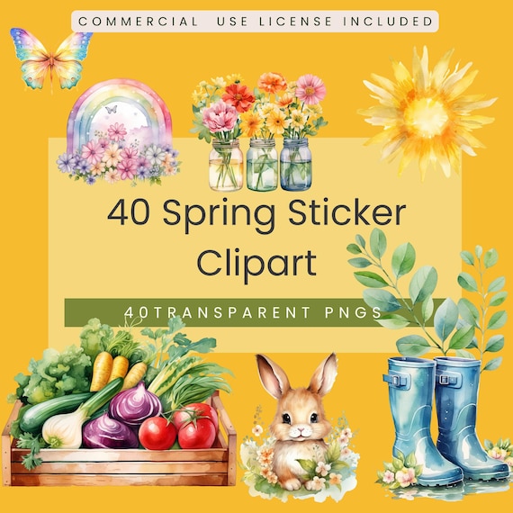 40 Spring Sticker Clipart – Flowers, Butterflies, Rainbows & More – PNG Digital Download
